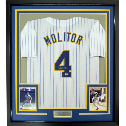 Framed Paul Molitor signed Brewers jersey with two photos for display or collection