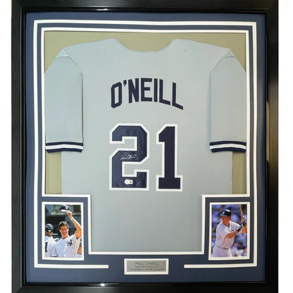 Professionally framed Paul ONeill York Grey Baseball Jersey display with inset photos