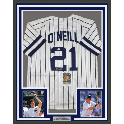 Framed autographed Paul ONeill New York pinstripe jersey with number 21 JSA COA