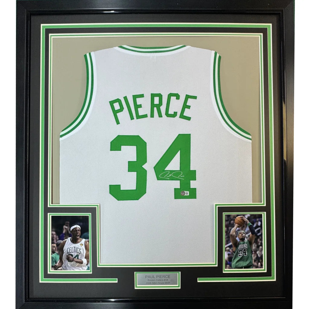 Framed autographed Paul Pierce white Boston Celtics jersey with number 34, Beckett COA