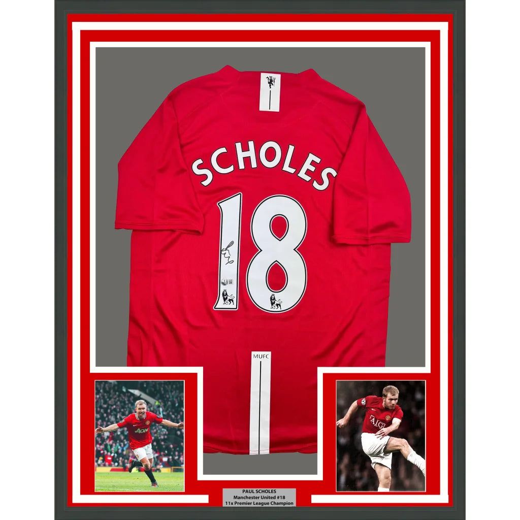 Framed Autographed Paul Scholes 35x39 Manchester United Red Soccer Jersey Beckett BAS COA | Hall of Fame Sports Memorabilia | vintageantiquesgifts.com