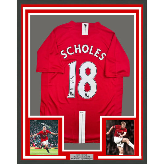Framed Autographed Paul Scholes 35x39 Manchester United Red Soccer Jersey Beckett BAS COA | Hall of Fame Sports Memorabilia | vintageantiquesgifts.com