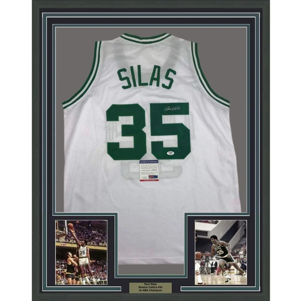 Framed autographed Paul Silas Boston Celtics white jersey back with number 35