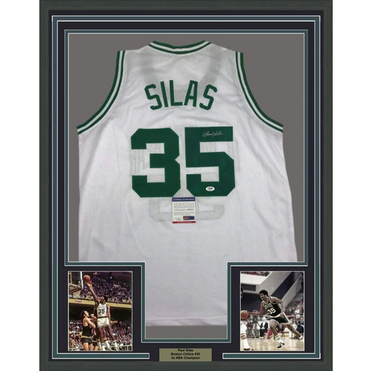 Framed autographed Paul Silas Boston Celtics white jersey back with number 35