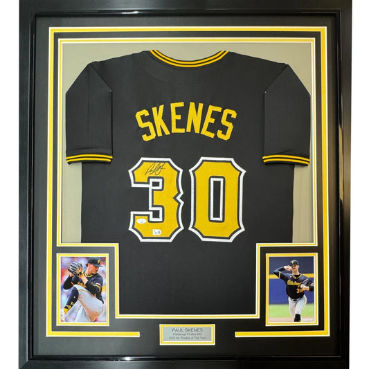 Framed Paul Skenes autographed jersey with photos and nameplate for wall display