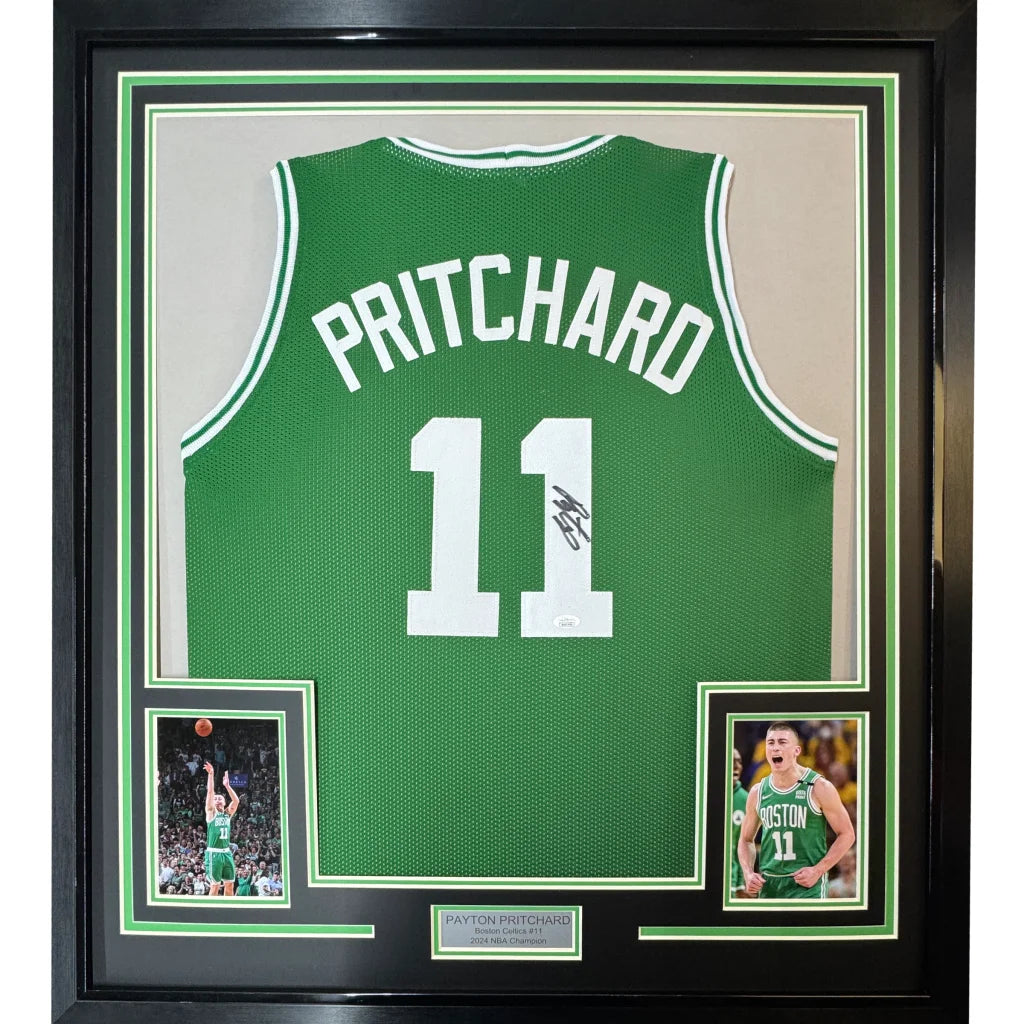 Framed Autographed Payton Pritchard 35x39 Boston Green Basketball Jersey JSA COA | Hall of Fame Sports Memorabilia | vintageantiquesgifts.com