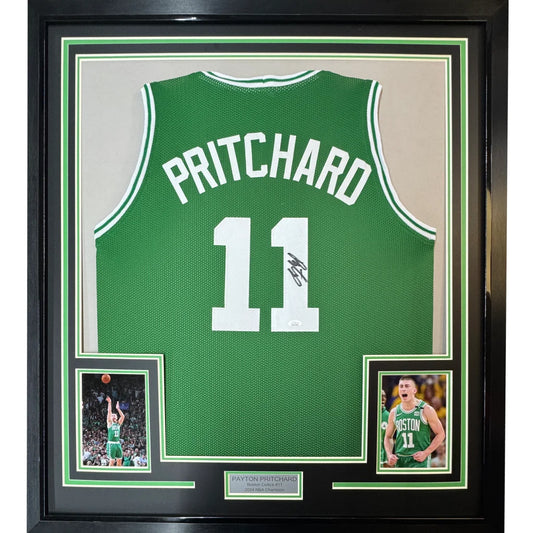 Framed and autographed Boston Celtics Payton Pritchard #11 jersey with two player photos