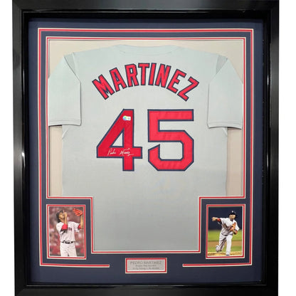 Framed autographed gray Boston Pedro Martinez 45 jersey JSA COA back