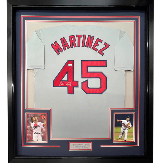 Framed autographed gray Boston Pedro Martinez 45 jersey JSA COA back