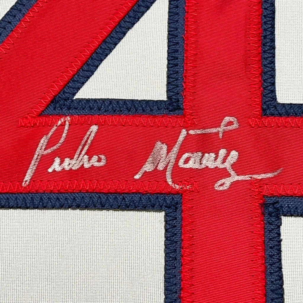 Framed autographed Pedro Martinez Boston jersey back with red number 4