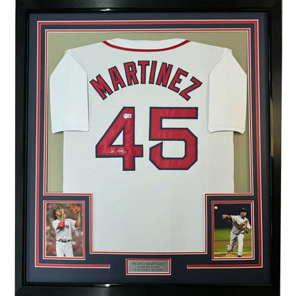Professionally framed Pedro Martinez Boston white autographed jersey with photos and plaque
