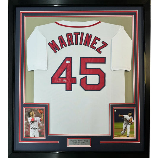 Professionally framed Pedro Martinez Boston white autographed jersey with photos and plaque