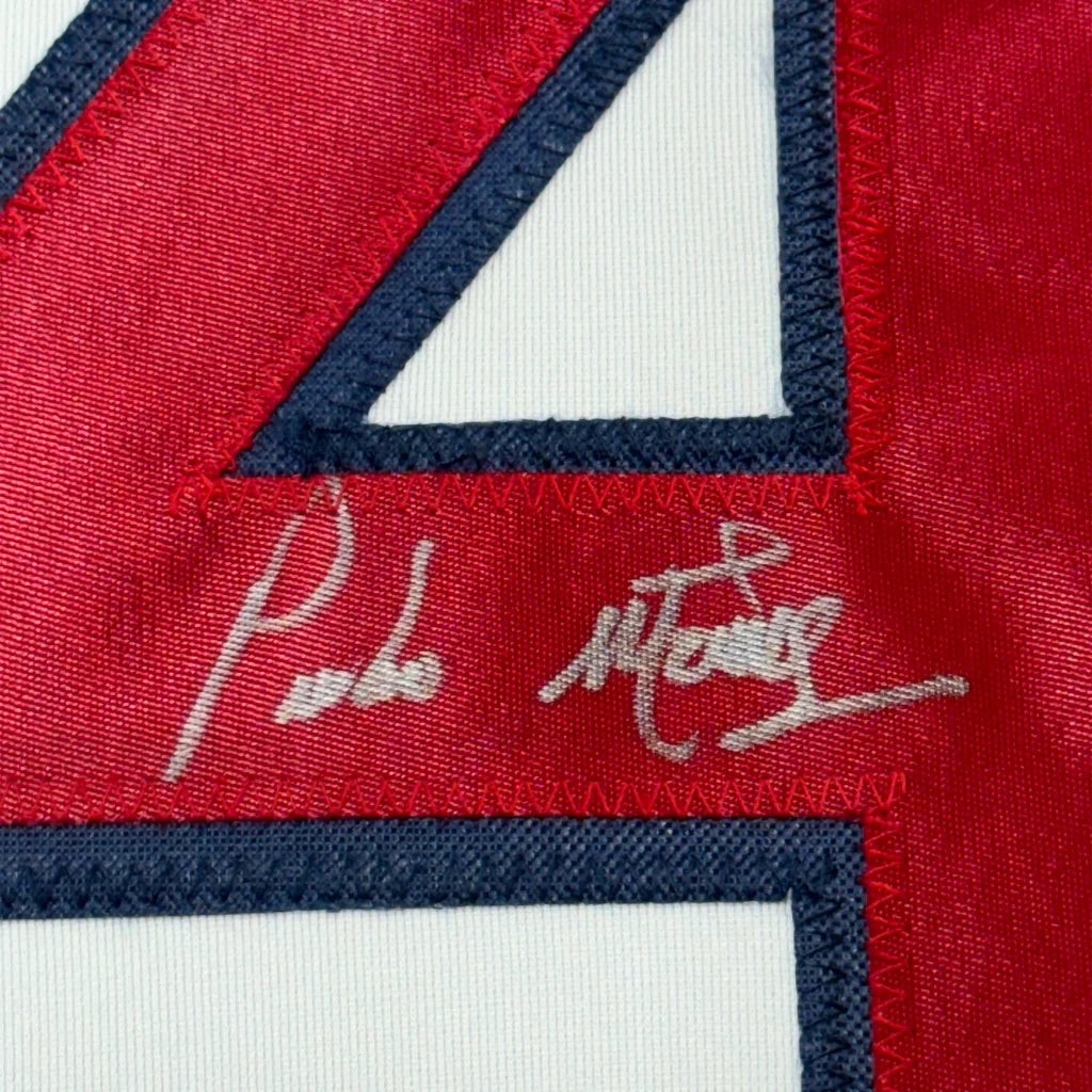 Red and white Boston White Pedro Martinez autographed jersey, professionally framed for display