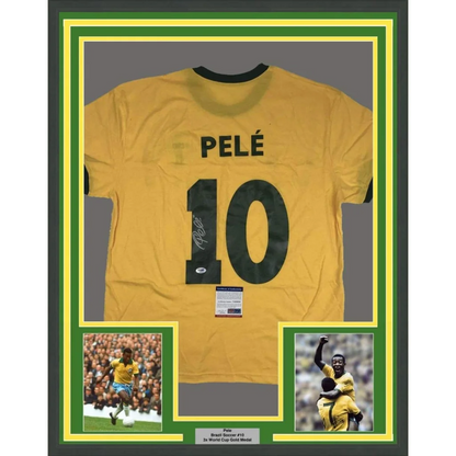 Framed autographed Pele Brazil yellow soccer jersey back, PSA/DNA COA