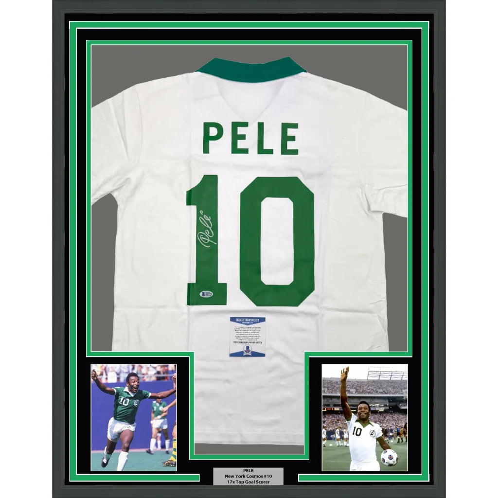 Framed Pele York Cosmos White jersey 35x39 inches with Beckett BAS COA and photos