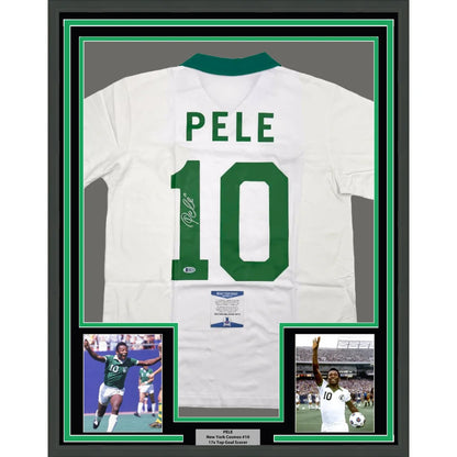 Framed Pele York Cosmos White jersey 35x39 inches with Beckett BAS COA and photos
