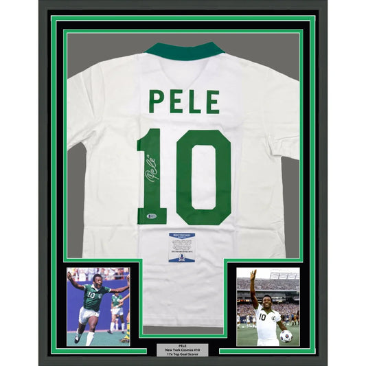 Framed Autographed Pele 35x39 New York Cosmos White Soccer Futbol Jersey Beckett BAS COA | Hall of Fame Sports Memorabilia | vintageantiquesgifts.com