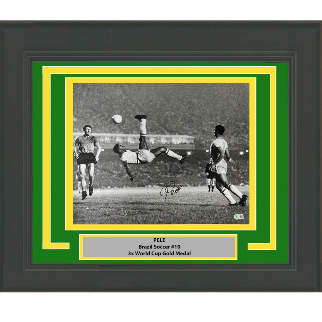 Framed Autographed Pele Brazil Soccer Futbol 16x20 Photo Bicycle Kick Beckett BAS Auto | Hall of Fame Sports Memorabilia | vintageantiquesgifts.com