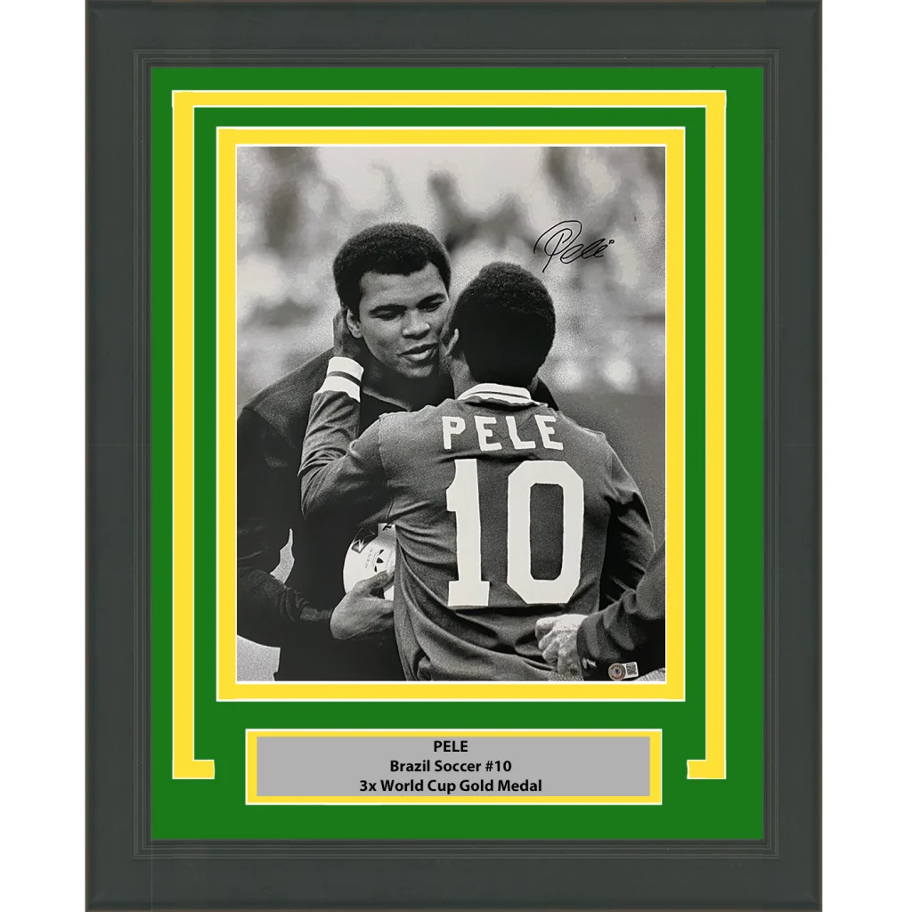 Framed Autographed Pele Brazil Soccer Futbol 16x20 Photo with Muhammad Ali Beckett BAS Auto | Hall of Fame Sports Memorabilia | vintageantiquesgifts.com