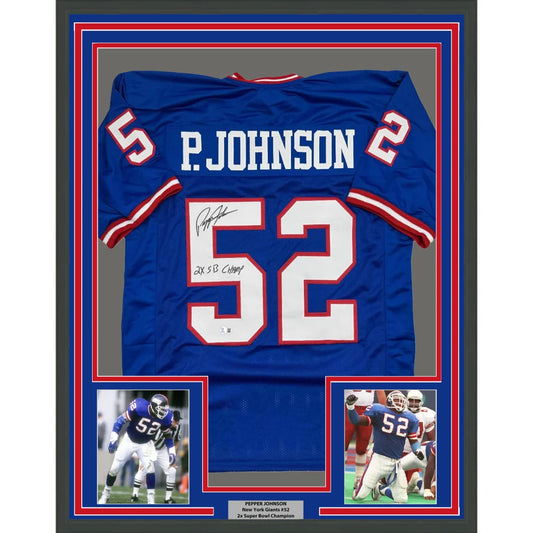 Peyton Manning signed blue jersey for man cave with Pepper Johnson vibe