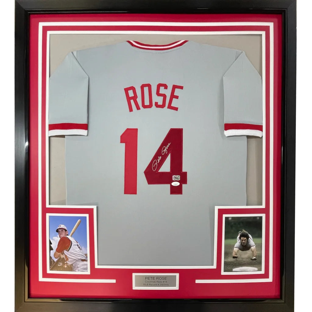 Framed Autographed Pete Rose 35x39 Cincinnati Grey Baseball Jersey JSA COA | Hall of Fame Sports Memorabilia | vintageantiquesgifts.com