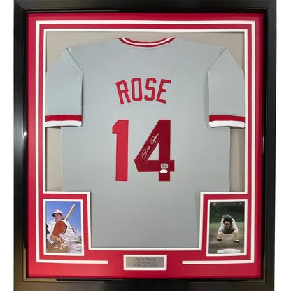 Framed Autographed Pete Rose 35x39 Cincinnati Grey Baseball Jersey JSA COA | Hall of Fame Sports Memorabilia | vintageantiquesgifts.com