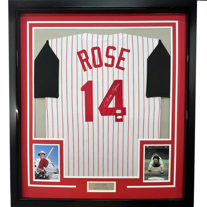Framed Pete Rose Cincinnati Pinstripe jersey with autograph, professionally framed display