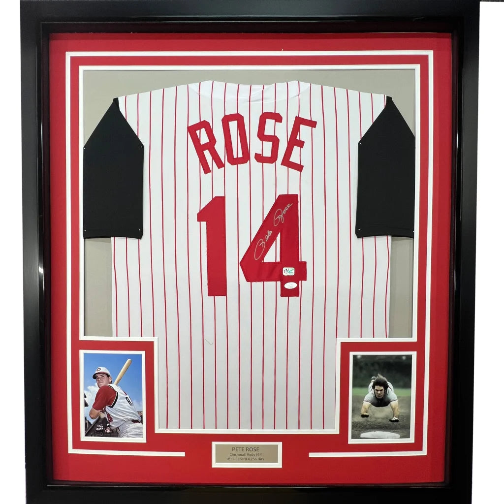 Framed Autographed Pete Rose 35x39 Cincinnati Pinstripe Baseball Jersey JSA COA | Hall of Fame Sports Memorabilia | vintageantiquesgifts.com