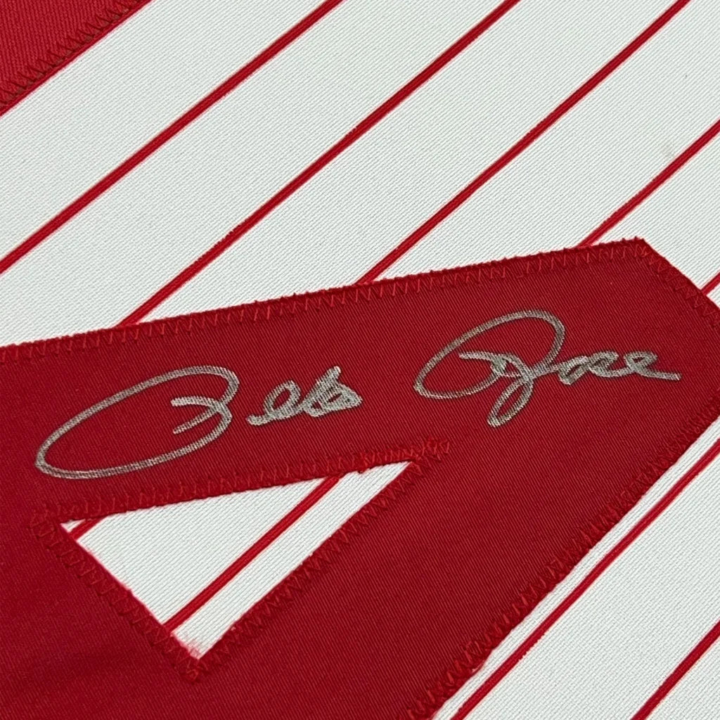 Red and white striped Pete Rose Cincinnati pinstripe jersey, professionally framed signature