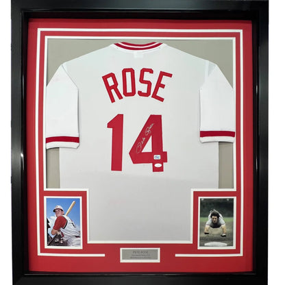 Autographed Pete Rose jersey in frame with photos and plaque for fans