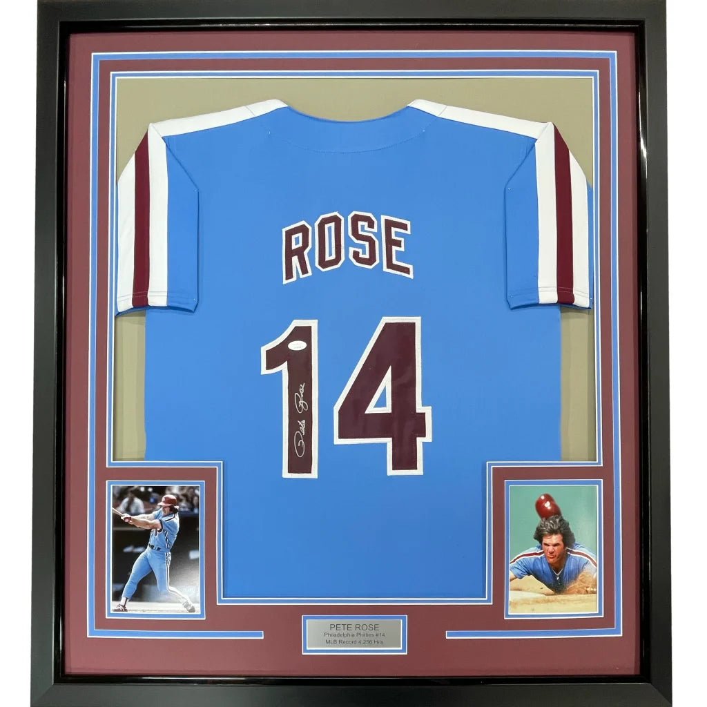 Framed Autographed Pete Rose 35x39 Philadelphia Retro Blue Baseball Jersey JSA COA | Hall of Fame Sports Memorabilia | vintageantiquesgifts.com