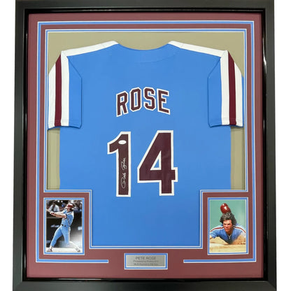 Framed Autographed Pete Rose 35x39 Philadelphia Retro Blue Baseball Jersey JSA COA | Hall of Fame Sports Memorabilia | vintageantiquesgifts.com