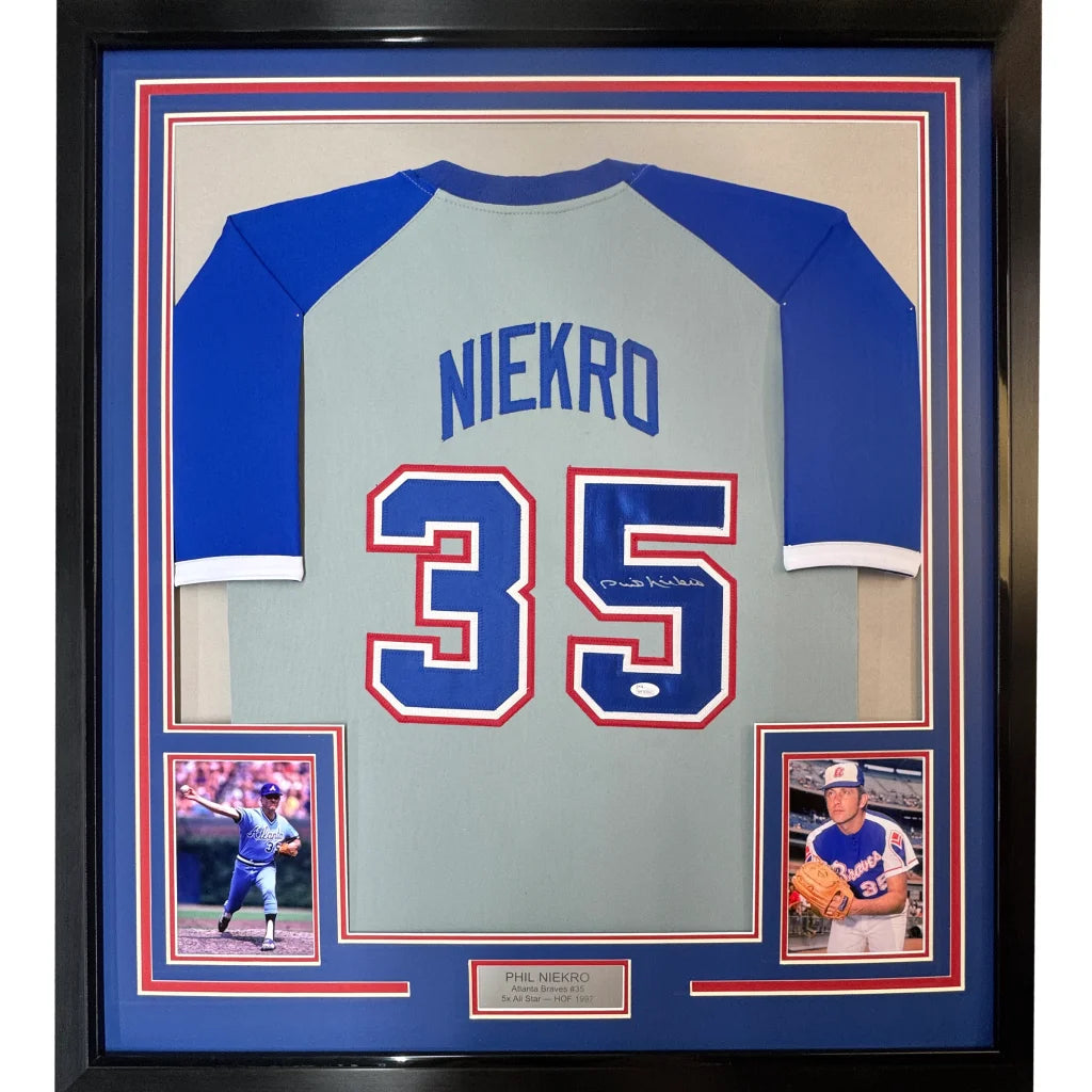 Framed Autographed Phil Niekro 35x39 Atlanta Grey Baseball Jersey JSA COA | Hall of Fame Sports Memorabilia | vintageantiquesgifts.com