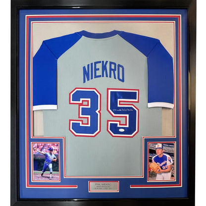 Framed Autographed Phil Niekro 35x39 Atlanta Grey Baseball Jersey JSA COA | Hall of Fame Sports Memorabilia | vintageantiquesgifts.com