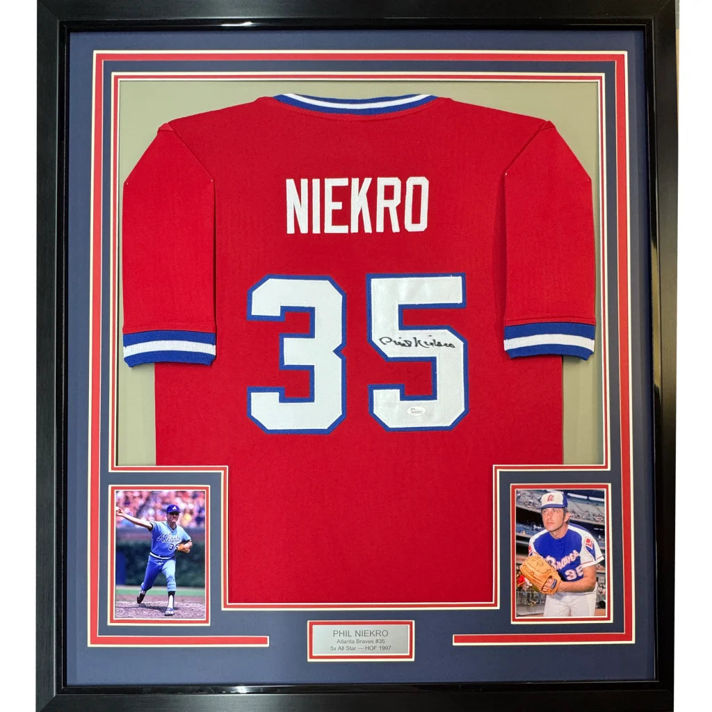 Framed autographed Phil Niekro Atlanta red baseball jersey back, Niekro 35, JSA COA