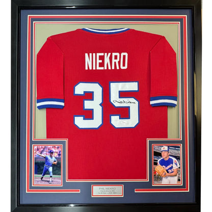 Framed autographed Phil Niekro Atlanta red baseball jersey back, Niekro 35, JSA COA