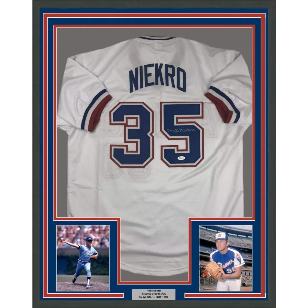 Framed autographed Phil Niekro Atlanta white baseball jersey back, JSA COA