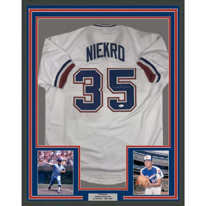 Framed autographed Phil Niekro Atlanta white baseball jersey back, JSA COA