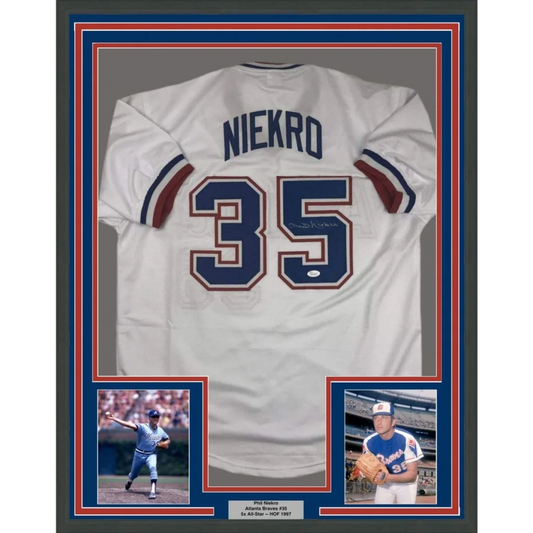 Framed autographed Phil Niekro Atlanta white baseball jersey back, JSA COA