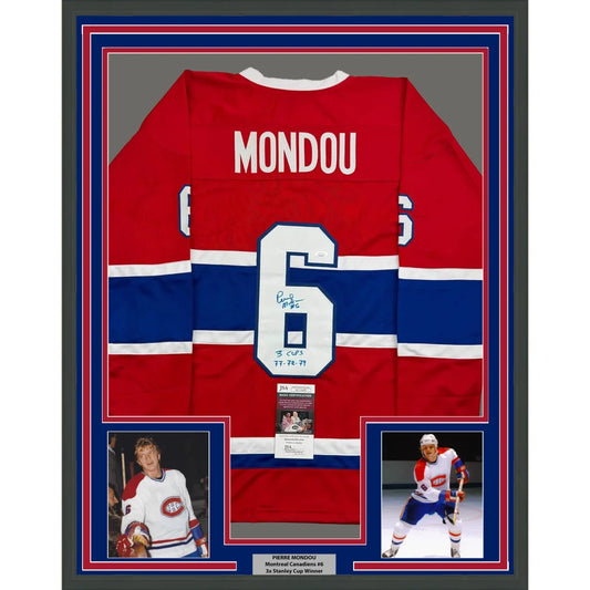 Framed Autographed Pierre Mondou 3 Cups 77-78-79 35x39 Montreal Red Hockey Jersey JSA COA | Hall of Fame Sports Memorabilia | vintageantiquesgifts.com