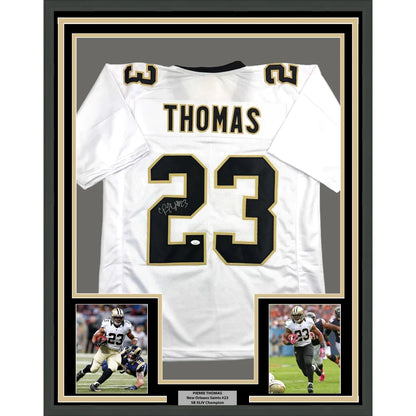 Framed autographed Pierre Thomas New Orleans Saints white jersey back, number 23