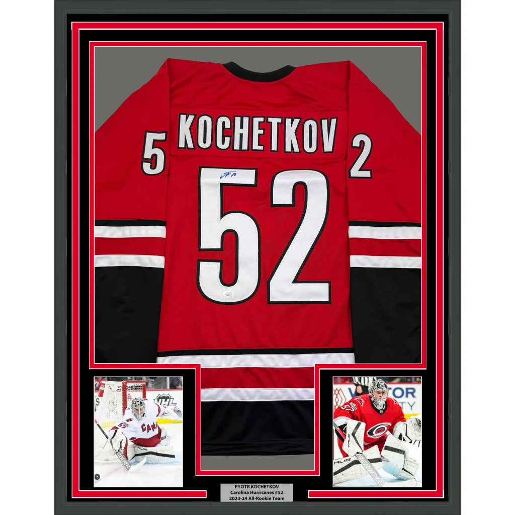 Framed Autographed Pyotr Kochetkov 35x39 Carolina Red Hockey Jersey JSA COA | Hall of Fame Sports Memorabilia | vintageantiquesgifts.com