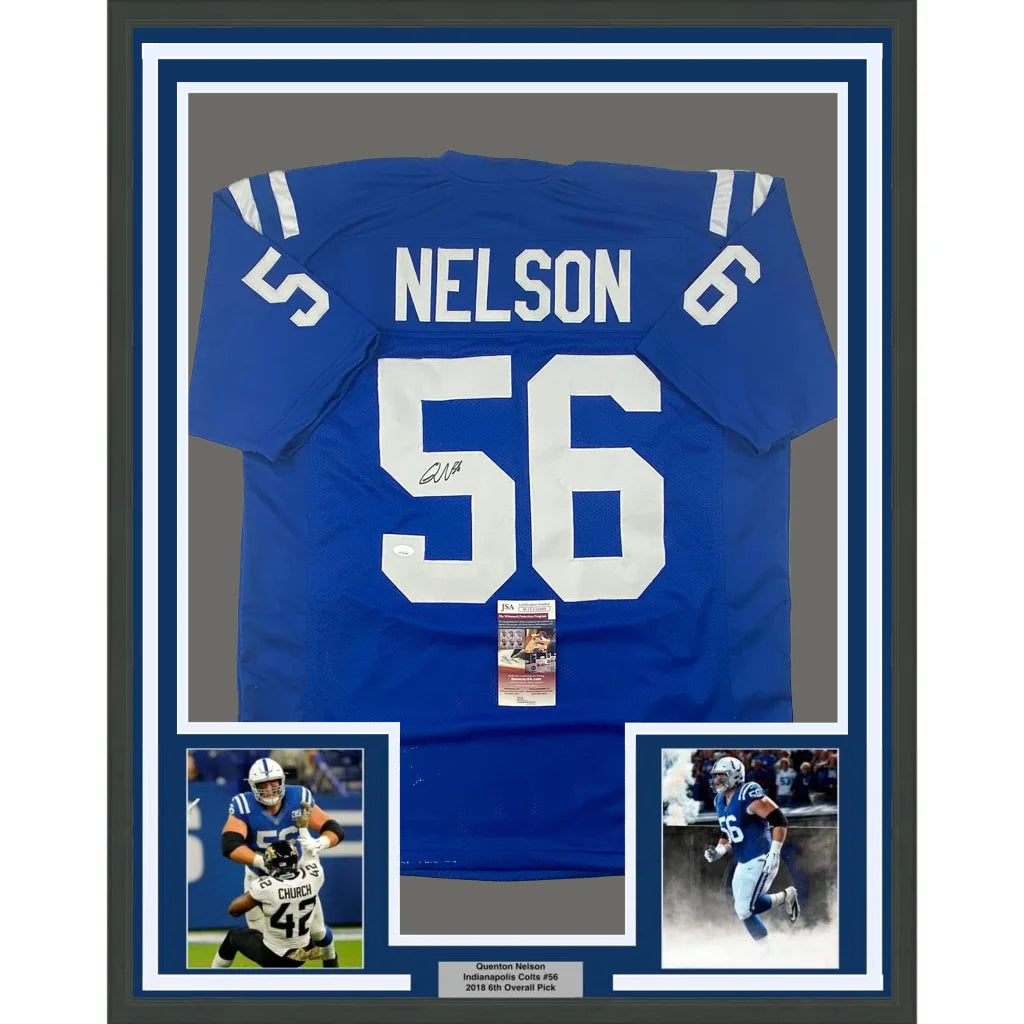 Autographed Quenton Nelson Colts jersey with photos and plaque in frame ready for display