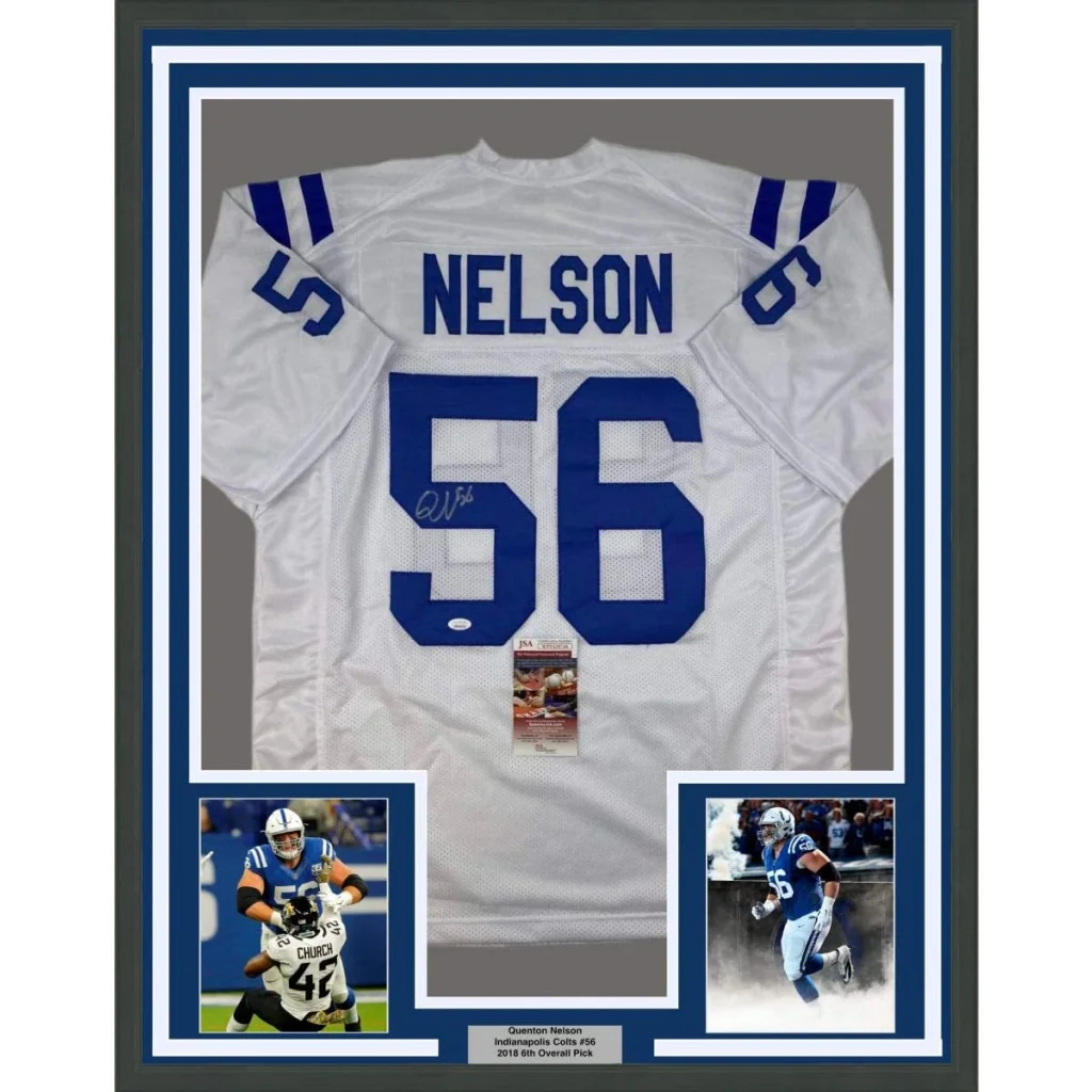 Professionally framed Quenton Nelson autographed jersey perfect for your man cave setup