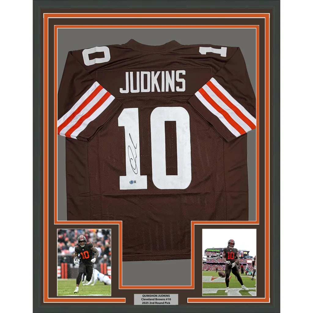 Framed Autographed Quinshon Judkins 35x39 Cleveland Football Brown Jersey Beckett BAS COA | Hall of Fame Sports Memorabilia | vintageantiquesgifts.com