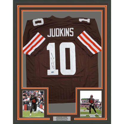 Framed Autographed Quinshon Judkins 35x39 Cleveland Football Brown Jersey Beckett BAS COA | Hall of Fame Sports Memorabilia | vintageantiquesgifts.com