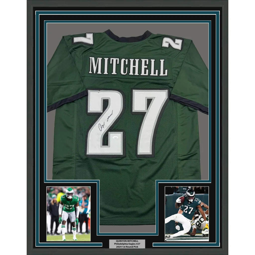 Framed Autographed Quinyon Mitchell 35x39 Philadelphia Green Football Jersey JSA COA | Hall of Fame Sports Memorabilia | vintageantiquesgifts.com