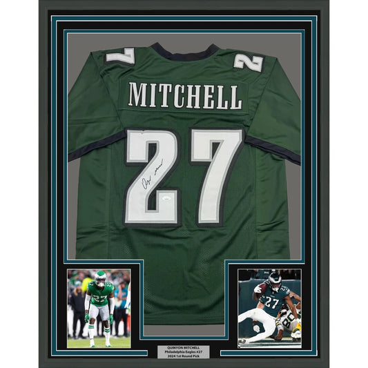 Framed Autographed Quinyon Mitchell 35x39 Philadelphia Green Football Jersey JSA COA | Hall of Fame Sports Memorabilia | vintageantiquesgifts.com
