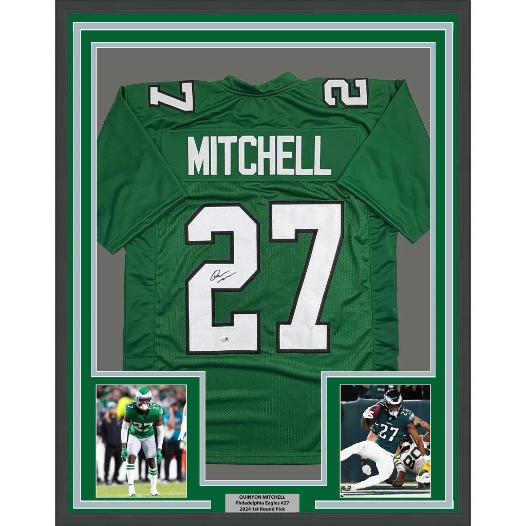 Framed Autographed Quinyon Mitchell 35x39 Philadelphia Kelly Green Football Jersey JSA COA | Hall of Fame Sports Memorabilia | vintageantiquesgifts.com