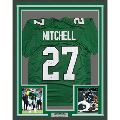 Framed Autographed Quinyon Mitchell 35x39 Philadelphia Kelly Green Football Jersey JSA COA | Hall of Fame Sports Memorabilia | vintageantiquesgifts.com